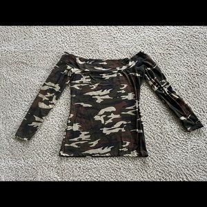 Off the shoulder army print top